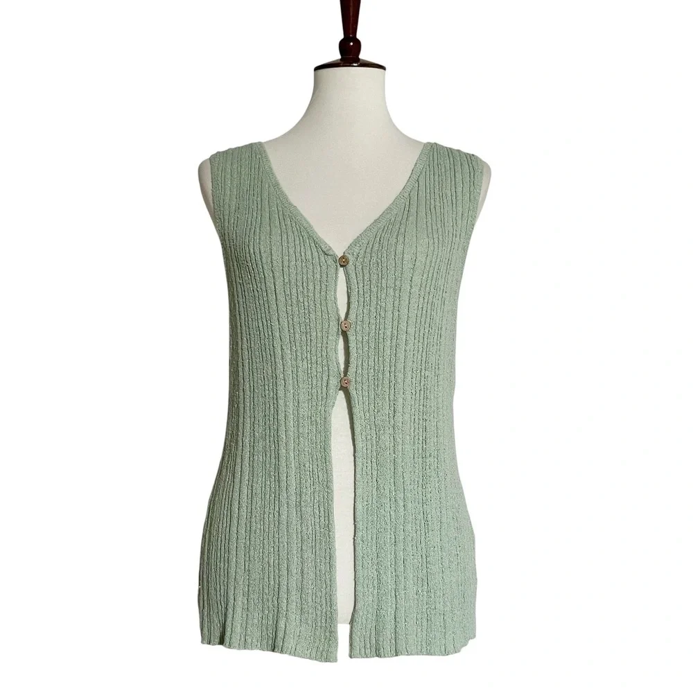 Free People Beach‎ Rhea Sweater Vest in Summer Sage  Ribbed Knit Button Front S